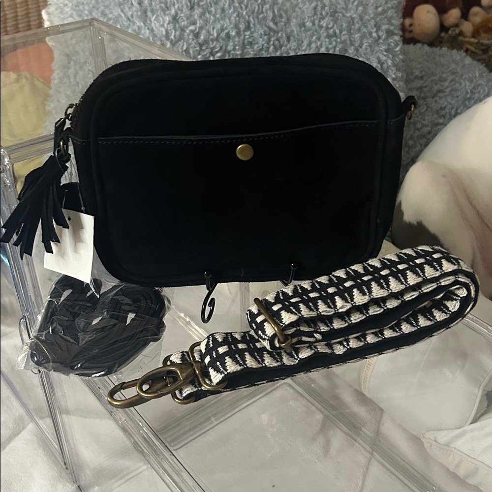 Black Suede Crossbody Bag with Guitar & Leather Straps 9”x 6.25”x 1.25” NWT